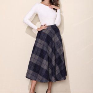 Woolen Plaid Tartan Maxi Skirt Blue Grey Grid